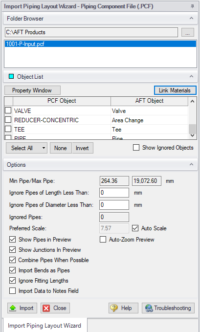 The Import Piping Layout Wizard for Piping Component Files.